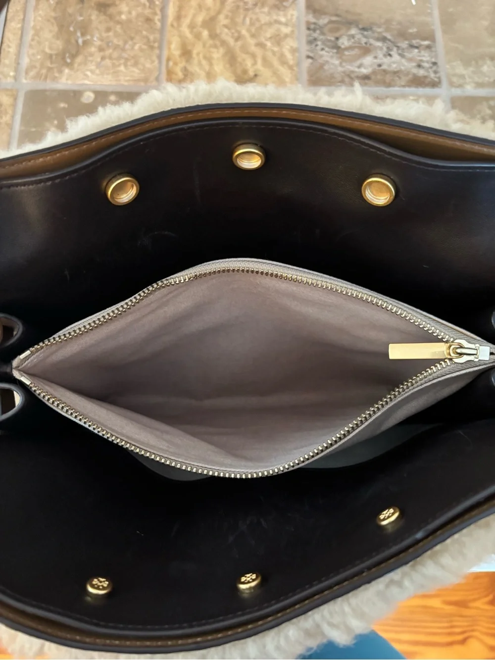 Tory Burch Lee Radziwill Shearling Double Bag in Natural